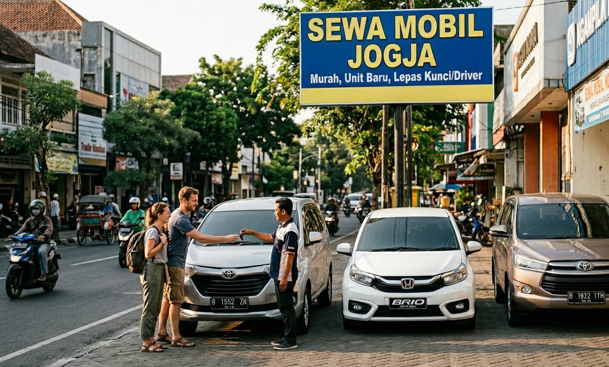 Wisatawan menyewa mobil murah di Ngampilan Jogja, dekat papan nama rental.