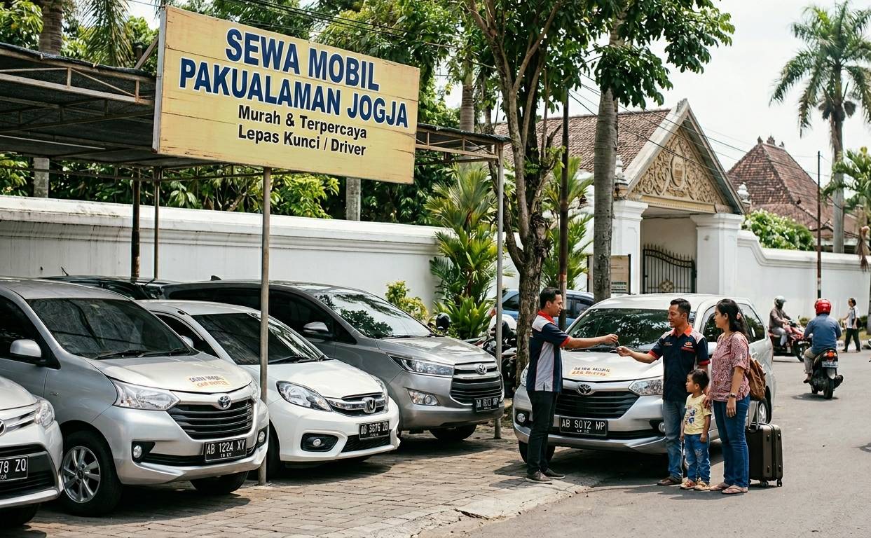 Wisatawan menerima kunci mobil rental di Pakualaman Jogja, dengan latar belakang deretan mobil sewaan dan bangunan tradisional.