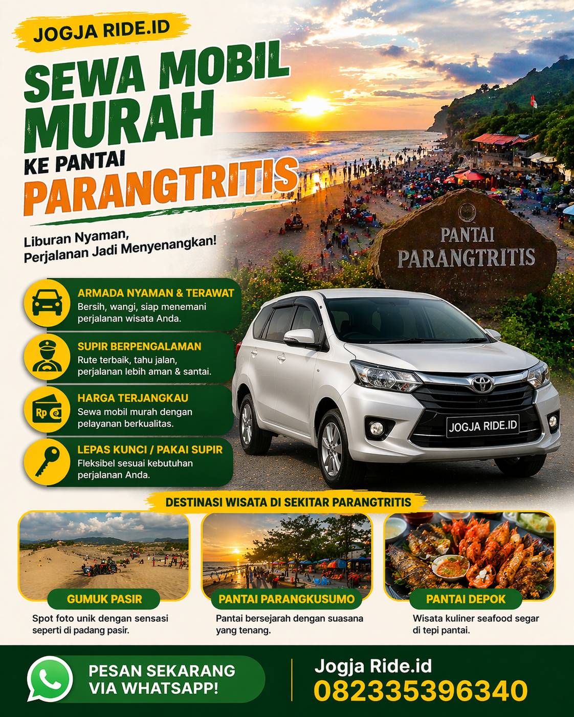 Sewa mobil murah ke Pantai Parangtritis Jogja Ride.id dengan layanan nyaman dan WhatsApp 082335396340