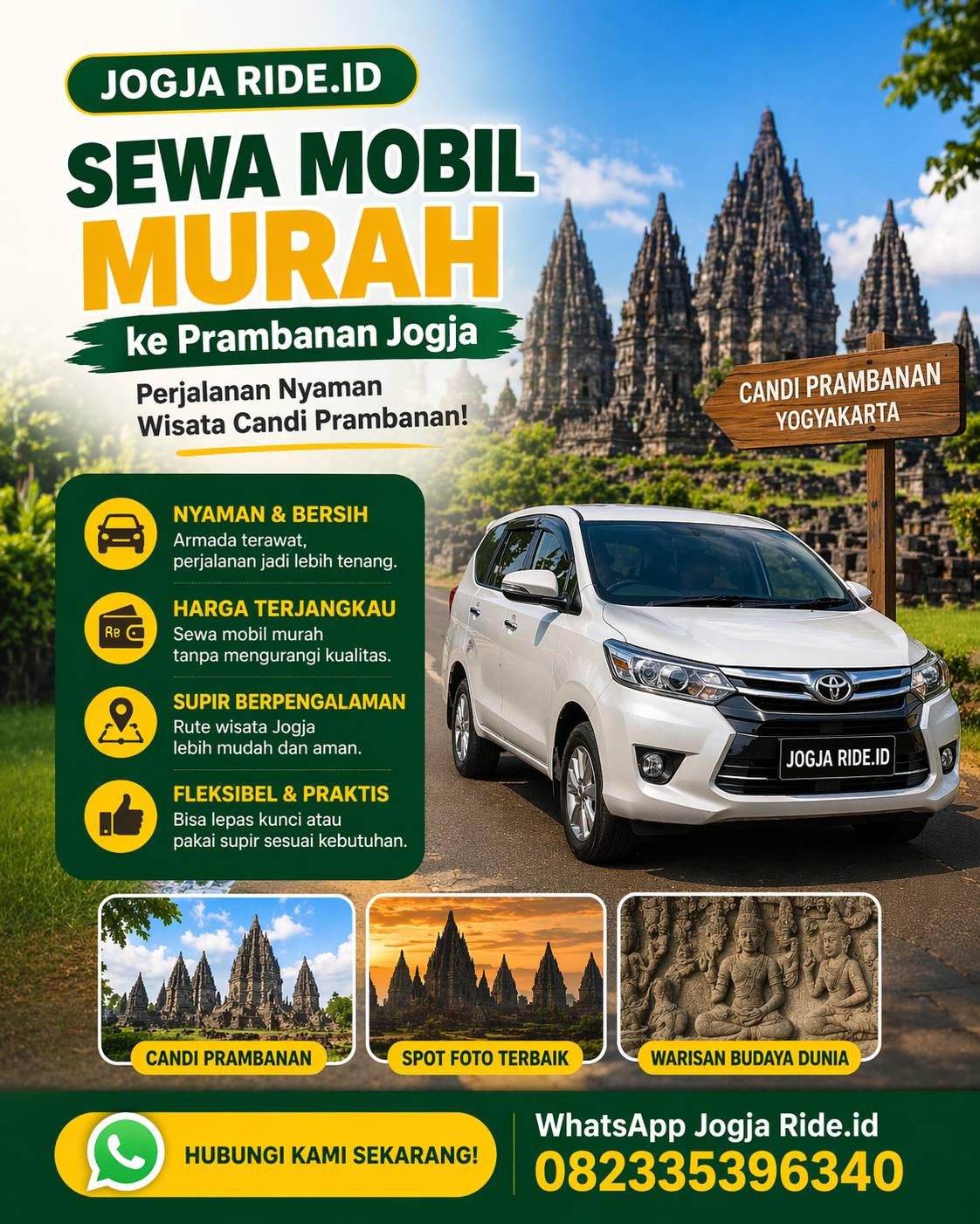 Sewa mobil murah ke Prambanan Jogja Jogja Ride.id dengan layanan nyaman dan nomor WhatsApp 082335396340