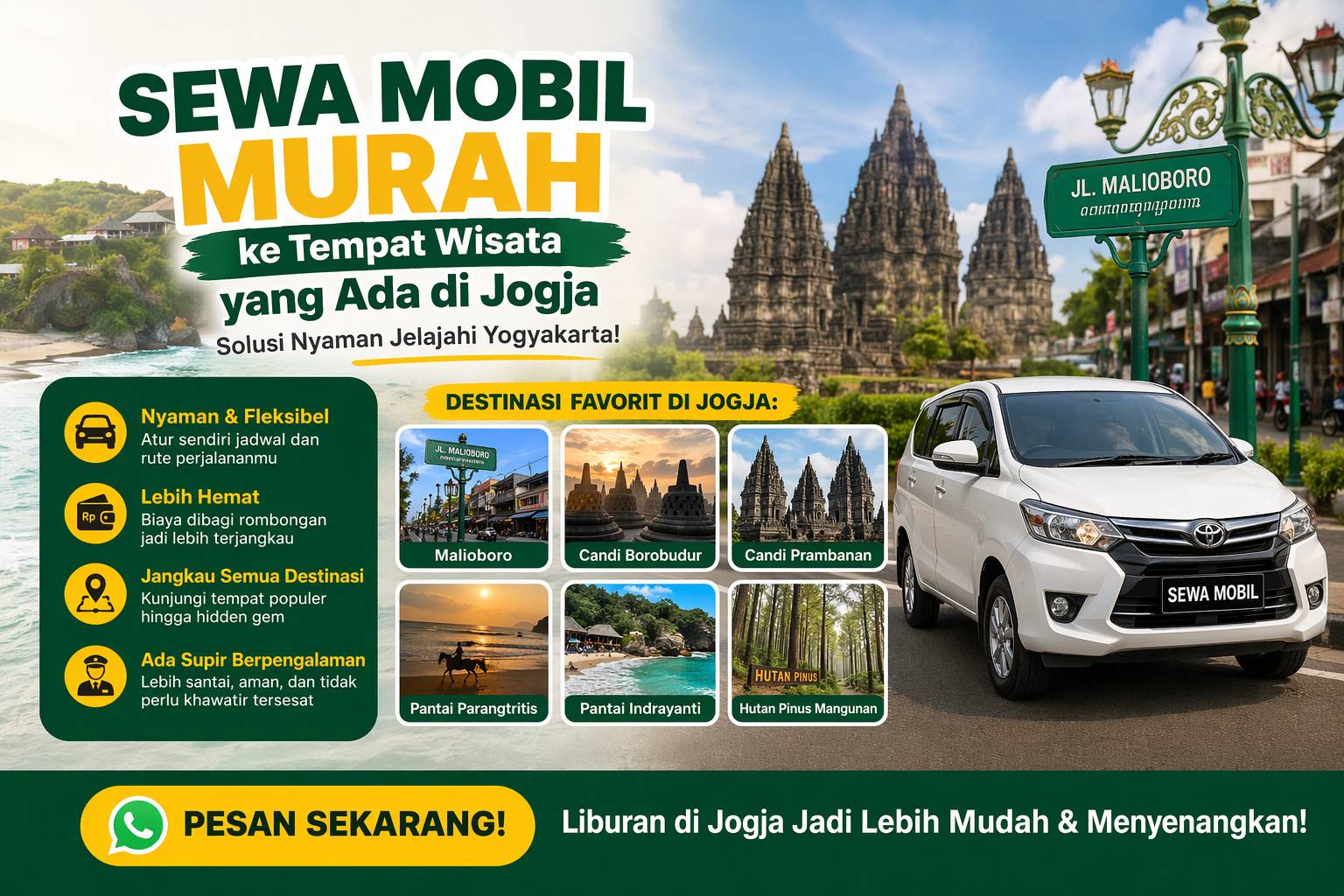 Sewa mobil murah Jogja ke tempat wisata Malioboro, Candi Prambanan, Borobudur dan pantai dengan mobil nyaman