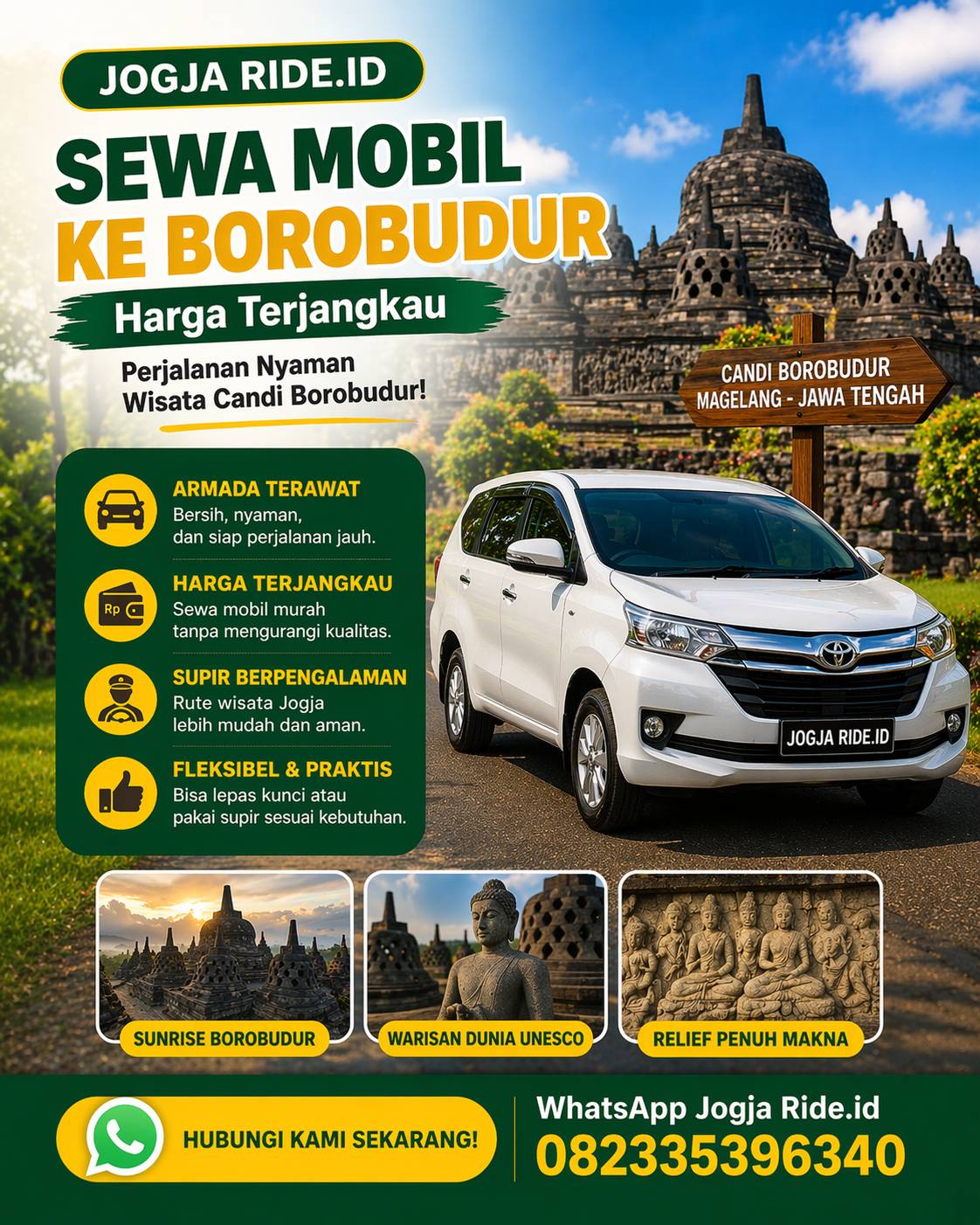 Sewa mobil ke Borobudur harga terjangkau Jogja Ride.id dengan layanan nyaman dan WhatsApp 082335396340