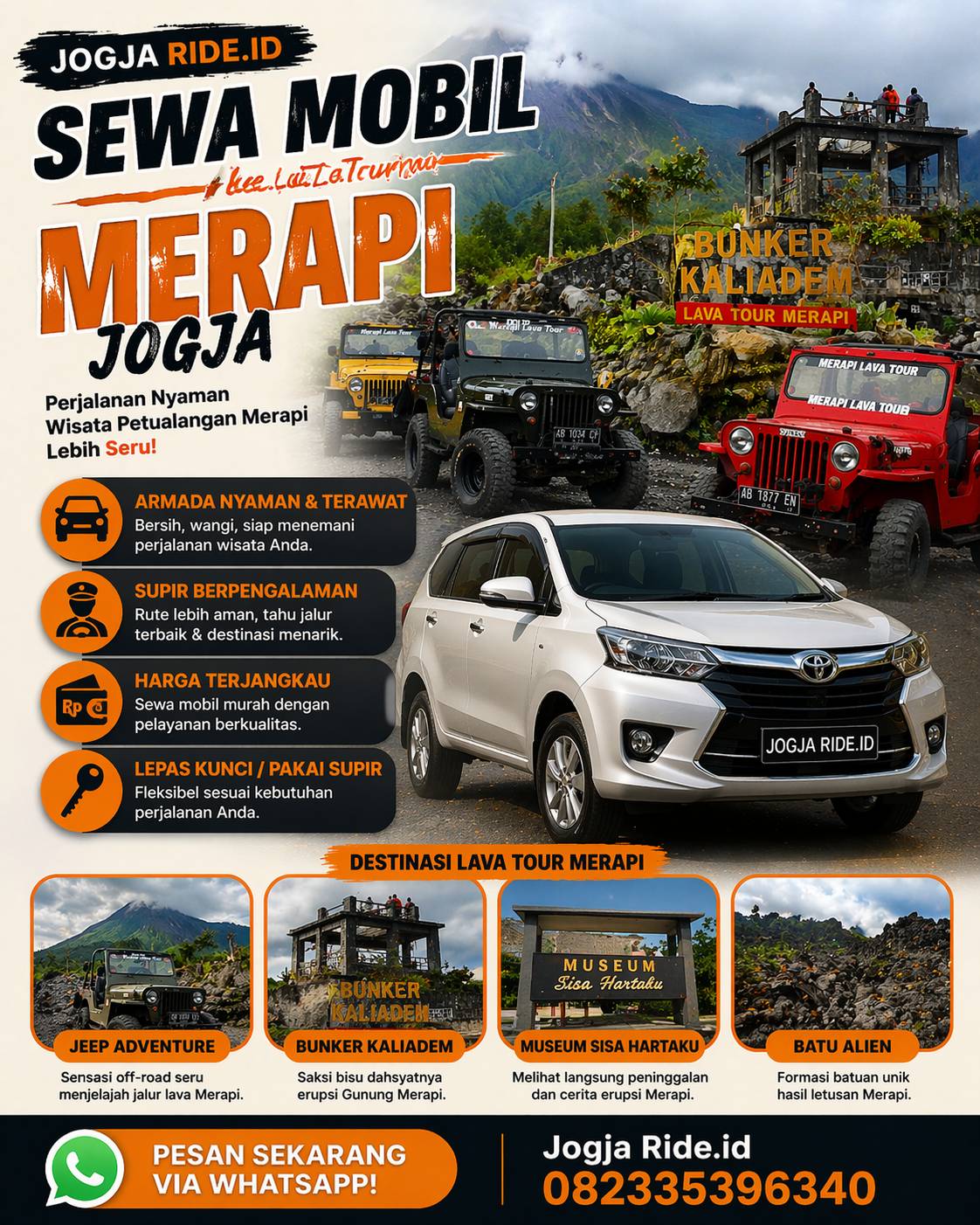 Sewa mobil ke Lava Tour Merapi Jogja Jogja Ride.id dengan jeep adventure dan WhatsApp 082335396340