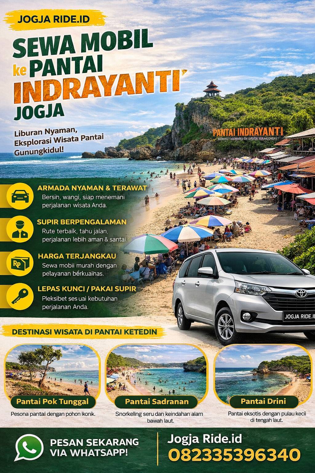Sewa mobil ke Pantai Indrayanti Jogja Jogja Ride.id dengan layanan nyaman dan WhatsApp 082335396340