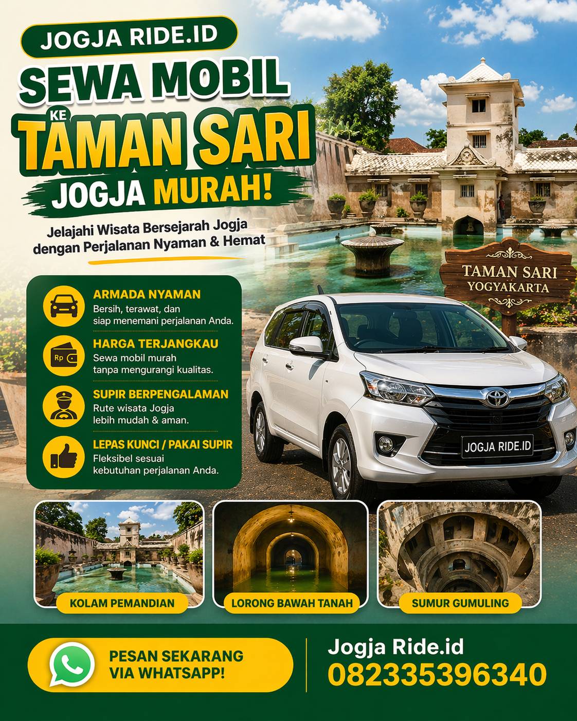 Sewa mobil ke Taman Sari Jogja murah Jogja Ride.id dengan layanan nyaman dan WhatsApp 082335396340