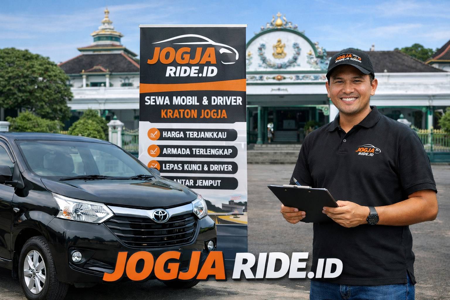 Sewa mobil murah Mergangsan Jogja Jogja Ride dengan mobil warna biru dan driver profesional di Yogyakarta