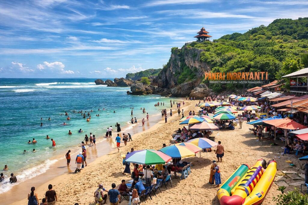 Pantai Indrayanti Jogja pasir putih dengan wisatawan dan pemandangan laut biru di Gunungkidul